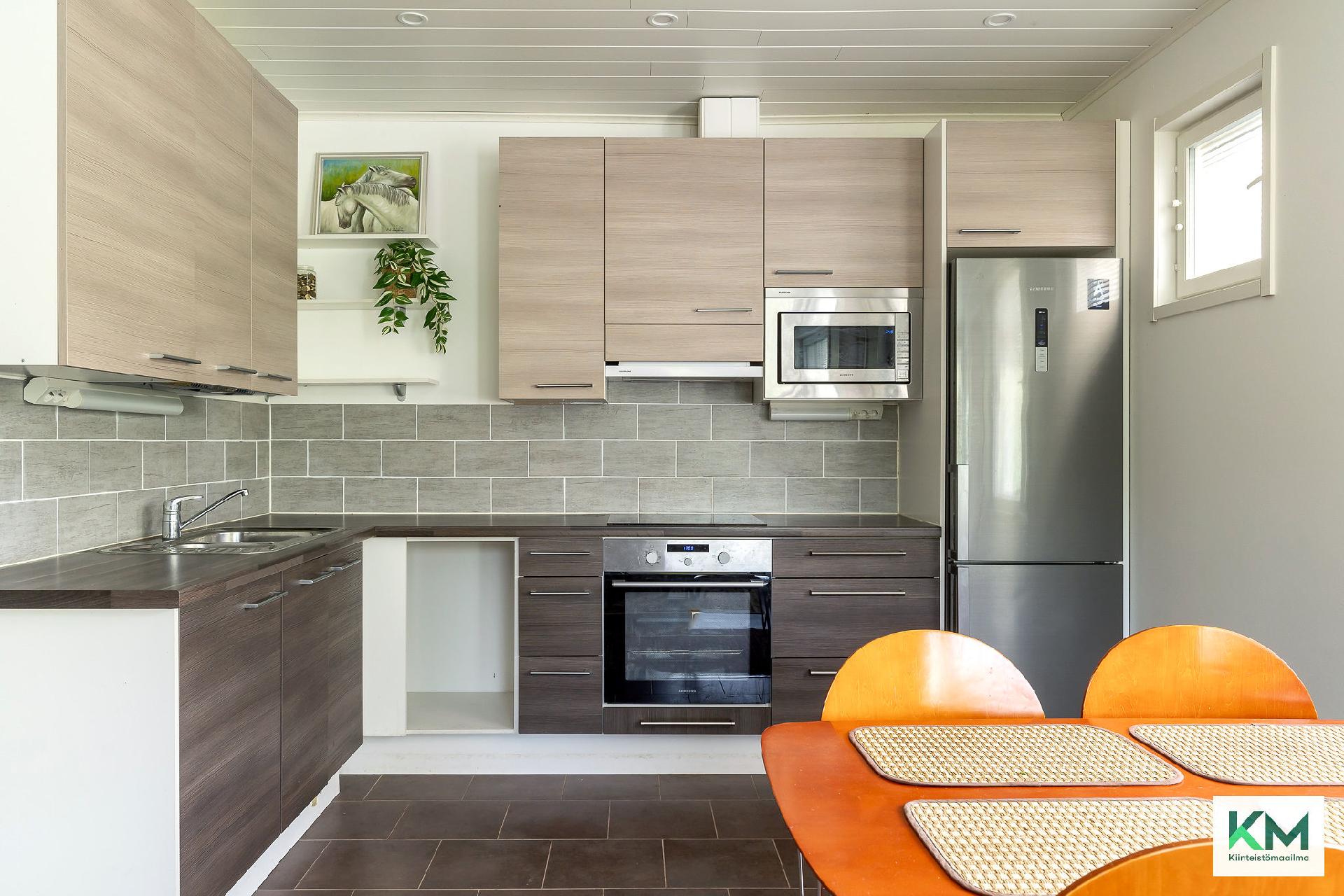 Pienemmän asunnon keittiö.