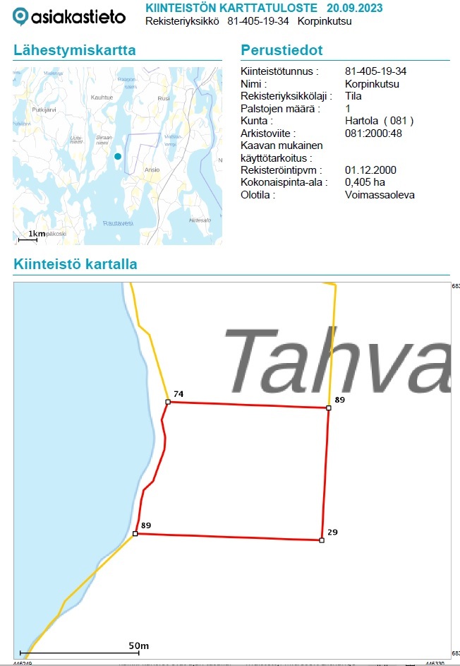 Tahvastensalo tontti, Kirkkola, Hartola