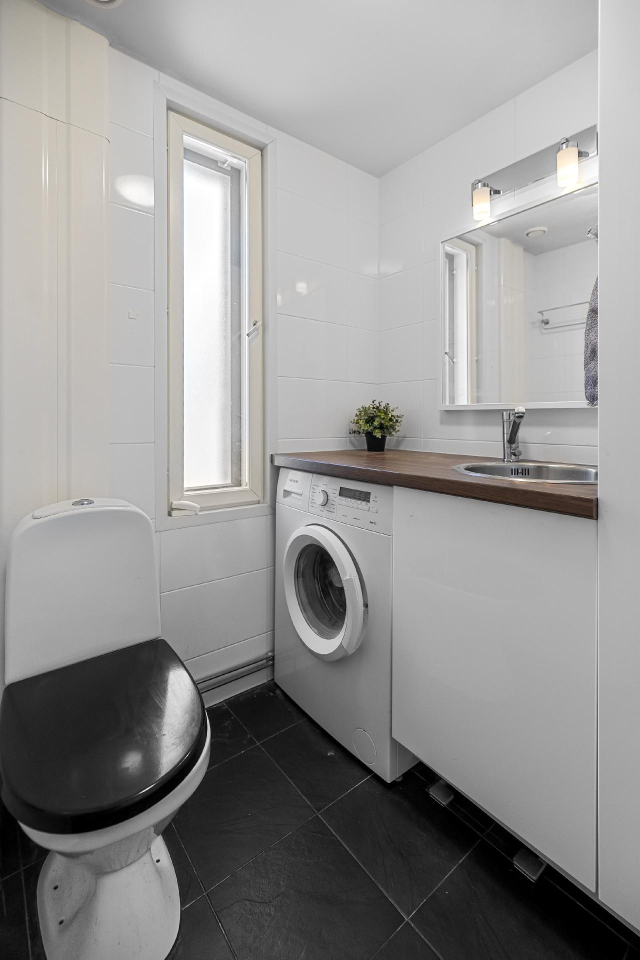 Erillisessä wc:ssä on paikka pesukoneelle
