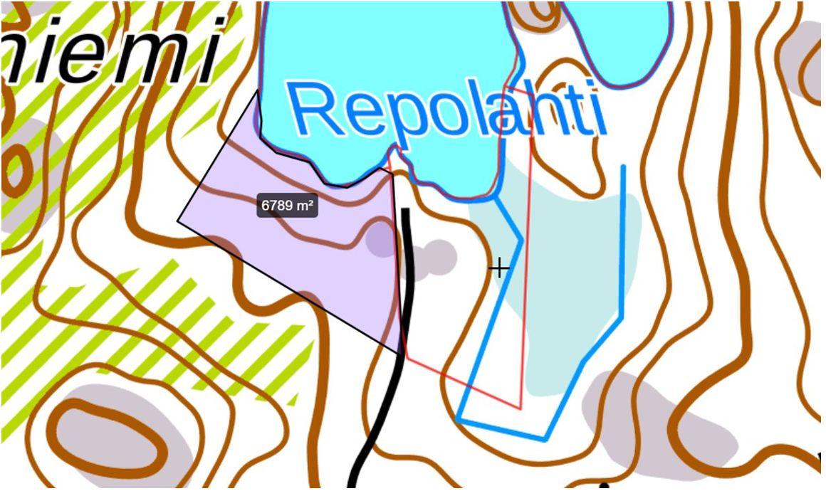 Myytävä määräalan alue merkitty violetilla karttaan