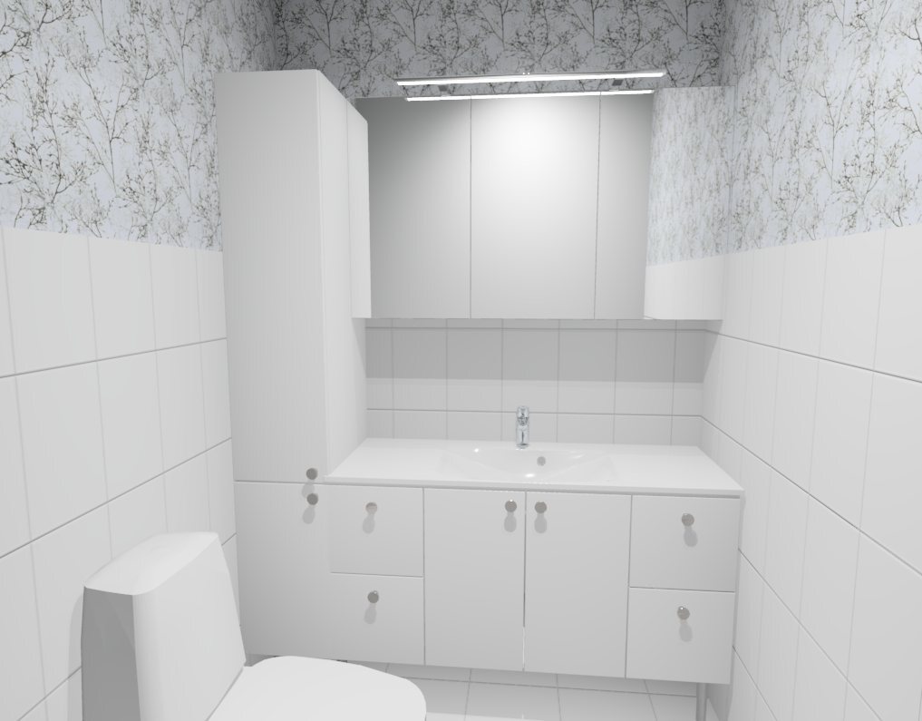 Havainnekuva erillisestä wc:stä remontin jälkeen. Materiaalit ja värit muutettavissa.