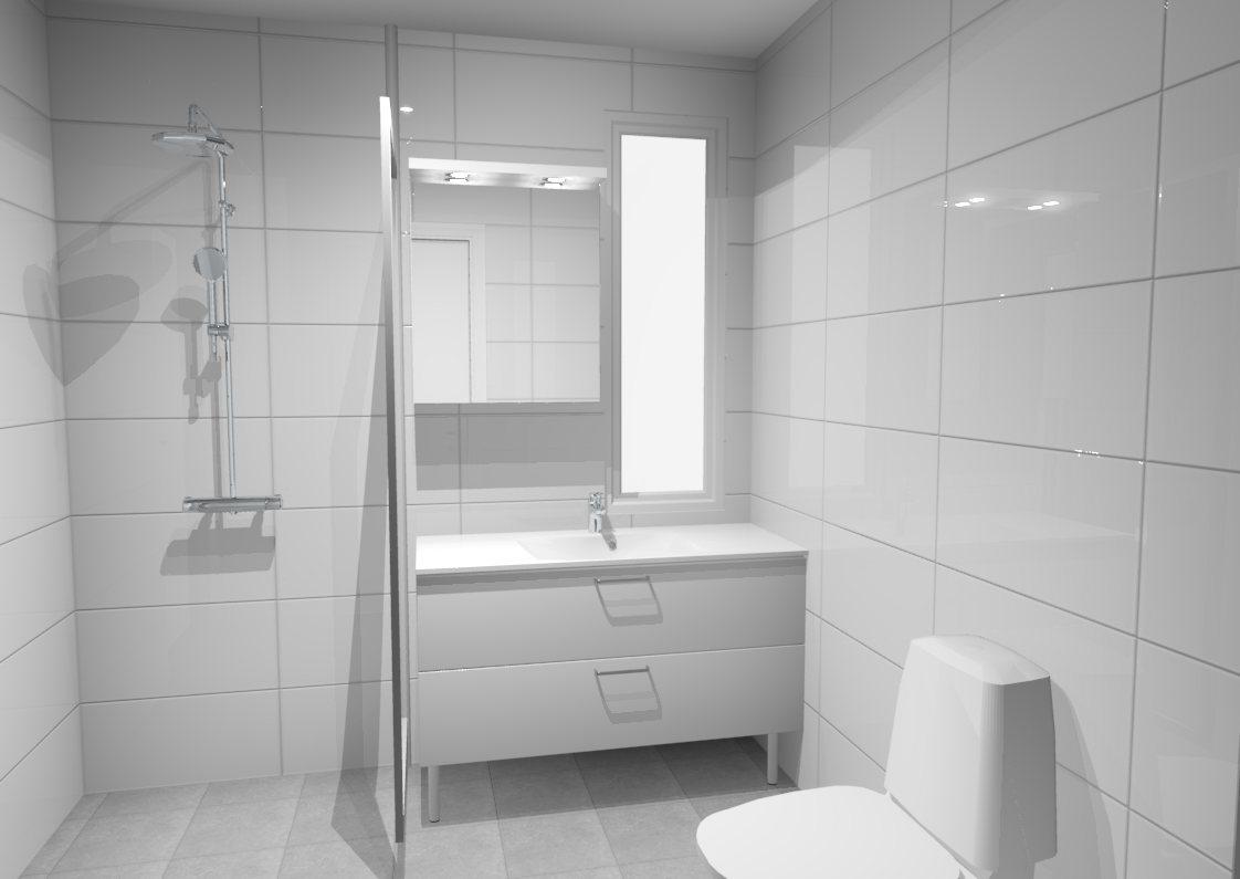 Havainnekuva pesuhuoneesta remontin jälkeen. Materiaalit ja värit muutettavissa.