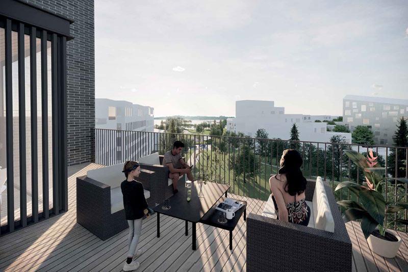 Havainnekuva 6. kerroksen terassinäkymistä Haakoninlahden puiston kautta meren suuntaan (taiteilijan näkemys)