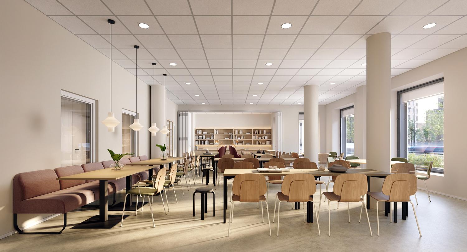 1. kerroksen keittiö, sali ja kirjasto