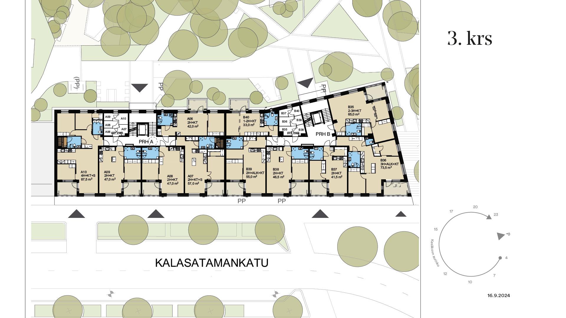 Kerrospohja 3. kerros. Huoneisto A10 läpitalon päätyasunto