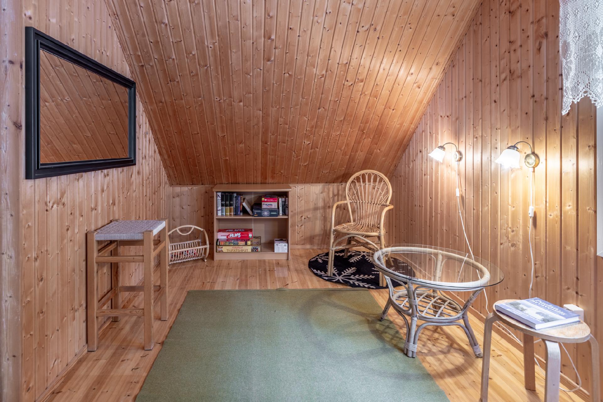 Yläkerran aulatila, johon mahtuu istuskeluryhmä tai esim. sänky