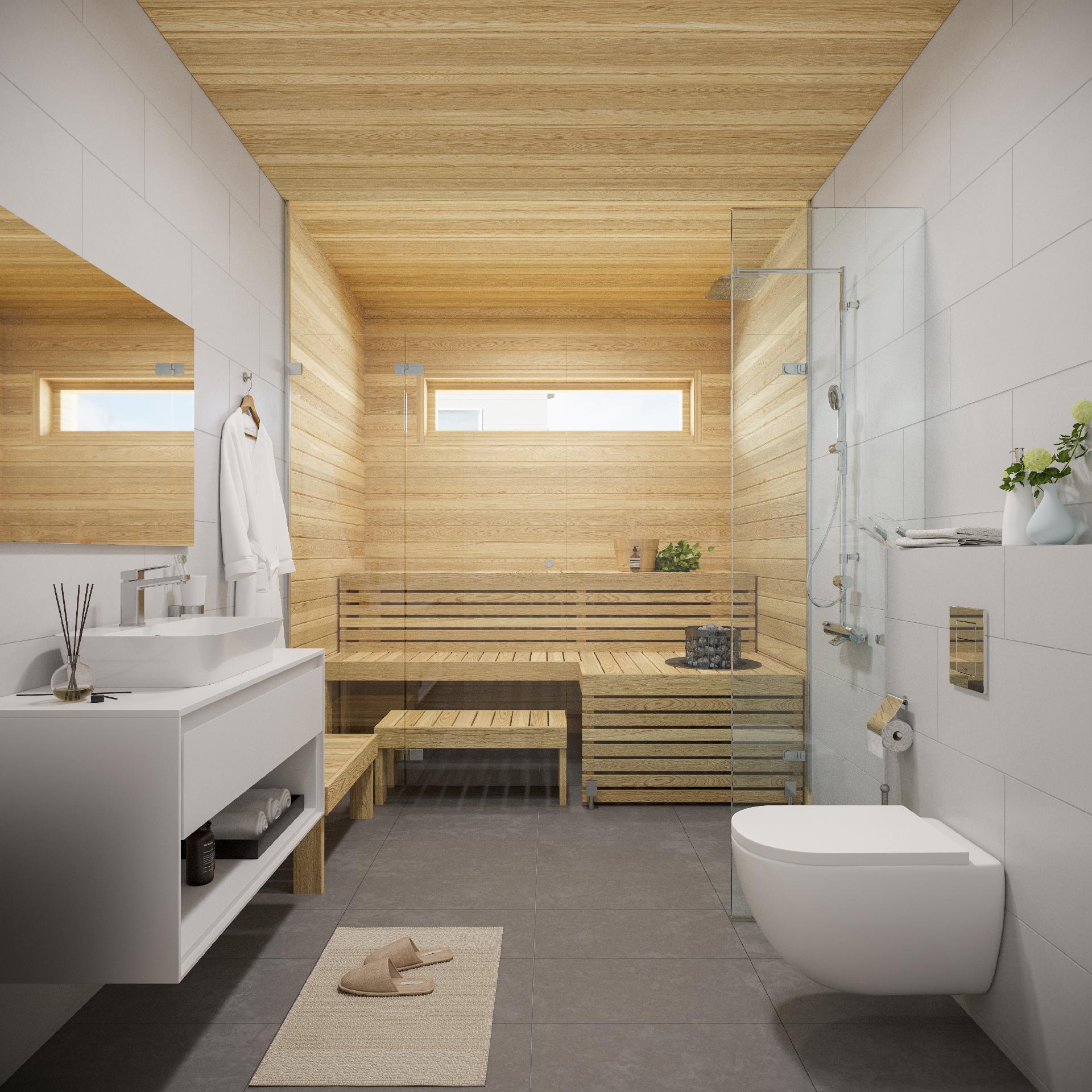 Tyylikkäässä ja modernissa saunassa viihdyt varmasti (kuvan lauteet erikoisvalmisteiset ja eivät sisälly hintaan)