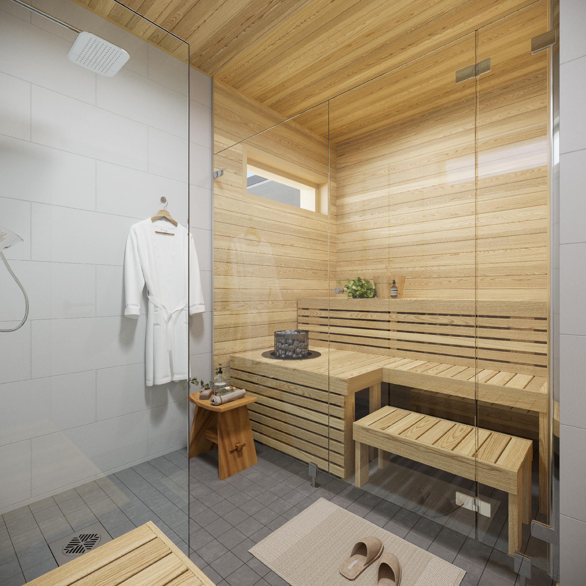 Tyylikäs ja moderni sauna (kuvan lauteet erikoisvalmisteiset ja eivät sisälly hintaan)