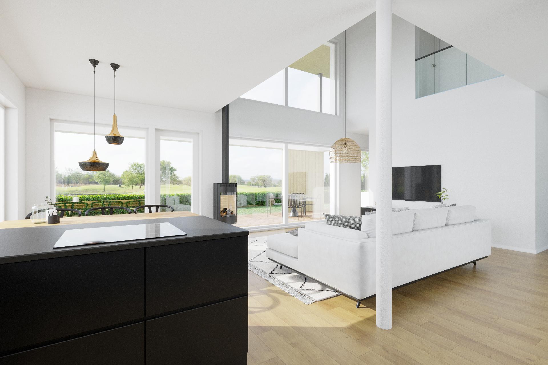 Olohuone on tilava ja sen voi sisustaa monella tavalla. Takkamahdollisuus.