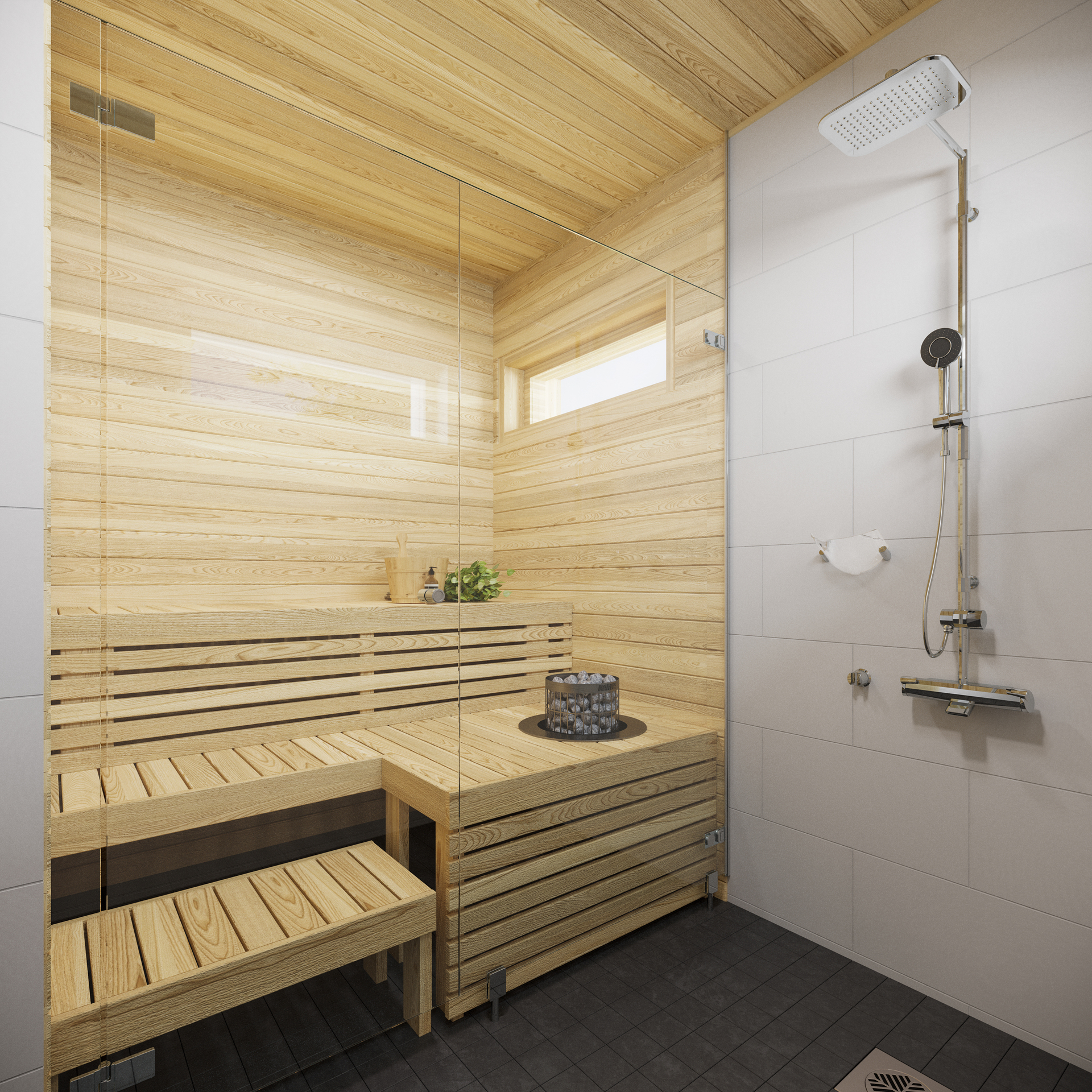 Tyylikkäässä ja modernissa saunassa viihdyt varmasti (kuvan lauteet erikoisvalmisteiset ja eivät sisälly hintaan)