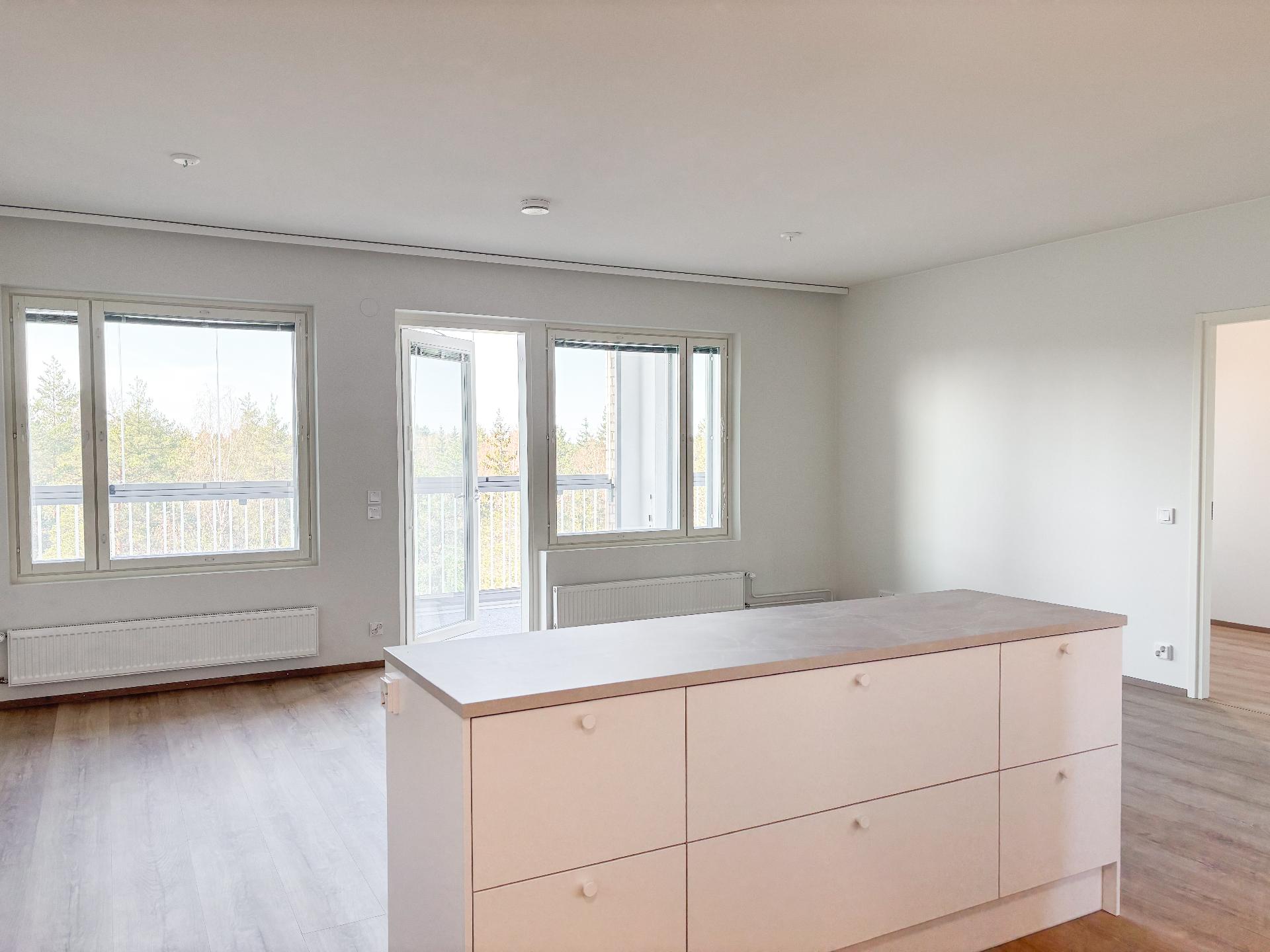 Olohuone ja avokeittiö; avara ja valoisa tila yhdessäoloon ja kokkailuun