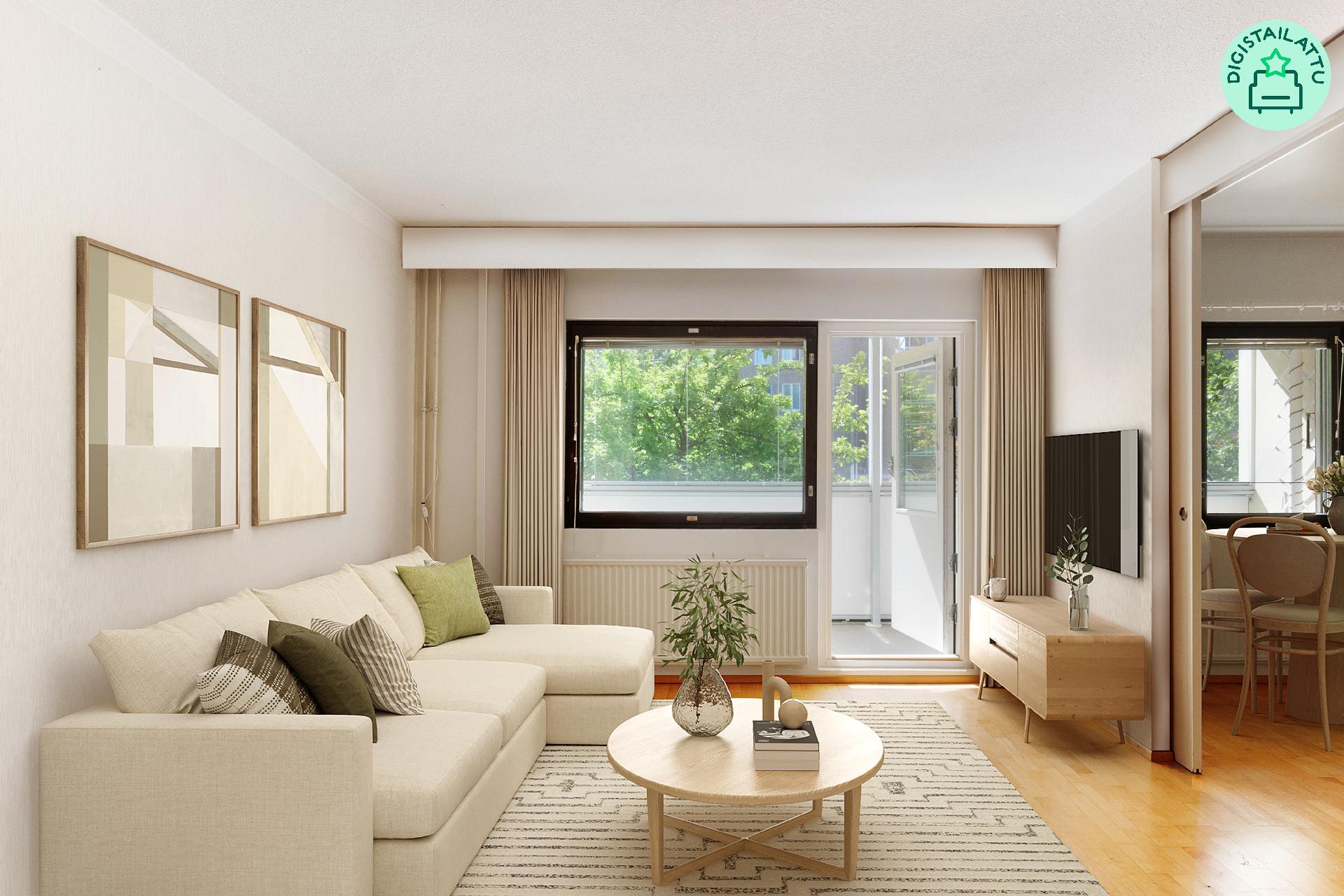 Olohuone, ruokailutila, käynti lasitetulle parvekkeelle