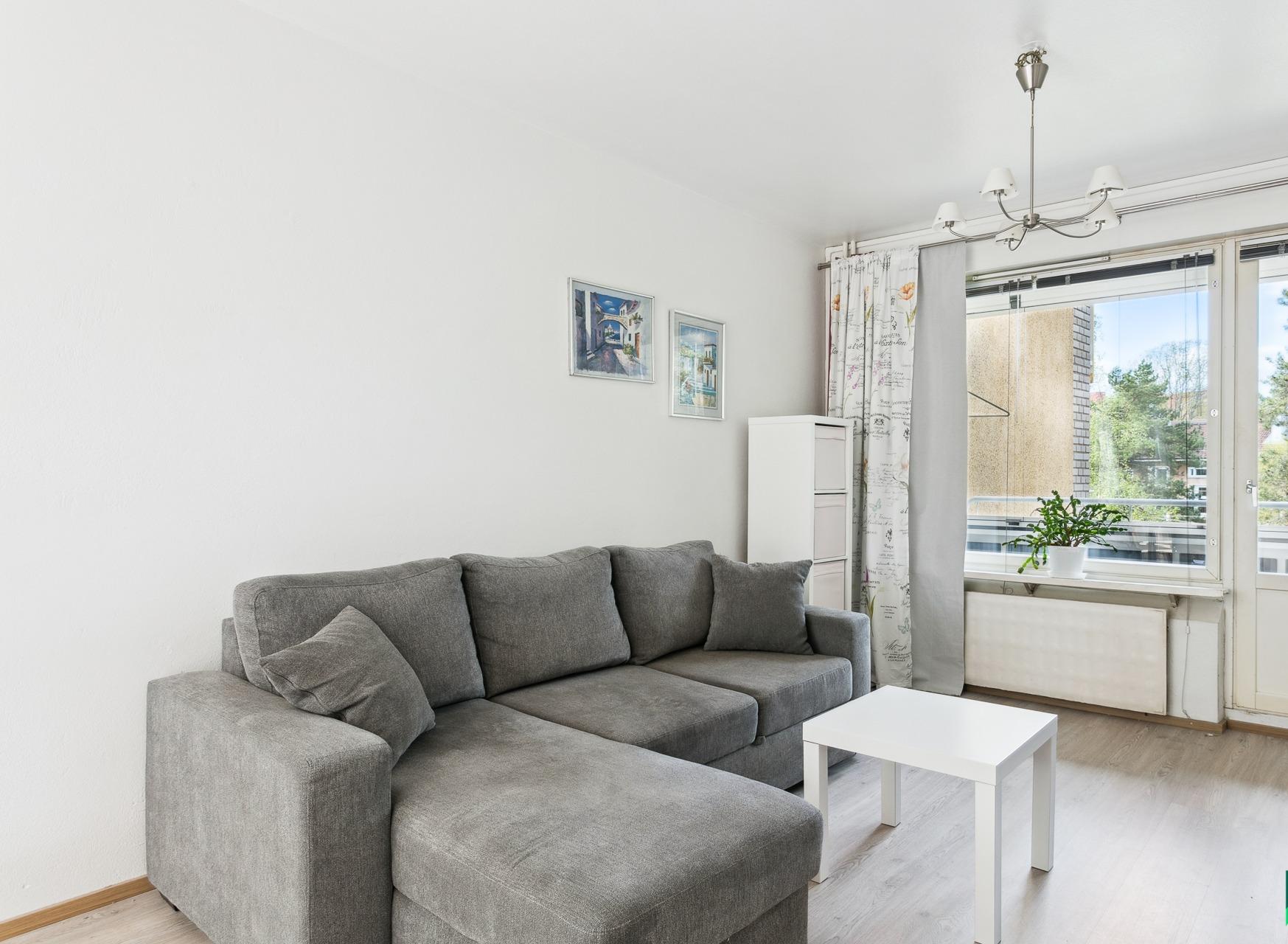 Tilava olohuone jatkuu lasitetulle parvekkeelle