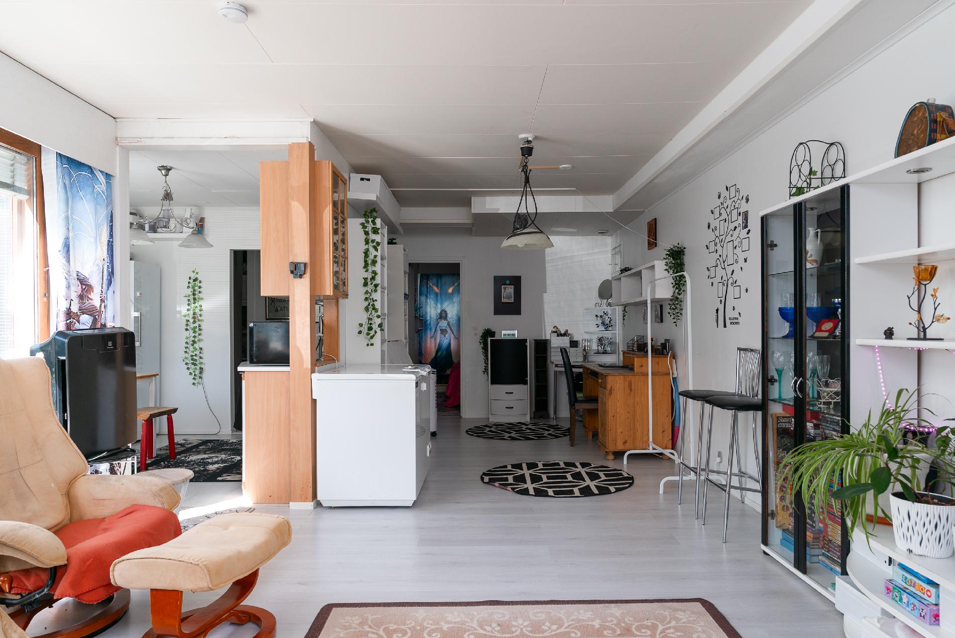 Tilava olohuone, josta pääsy myös keittiöön 