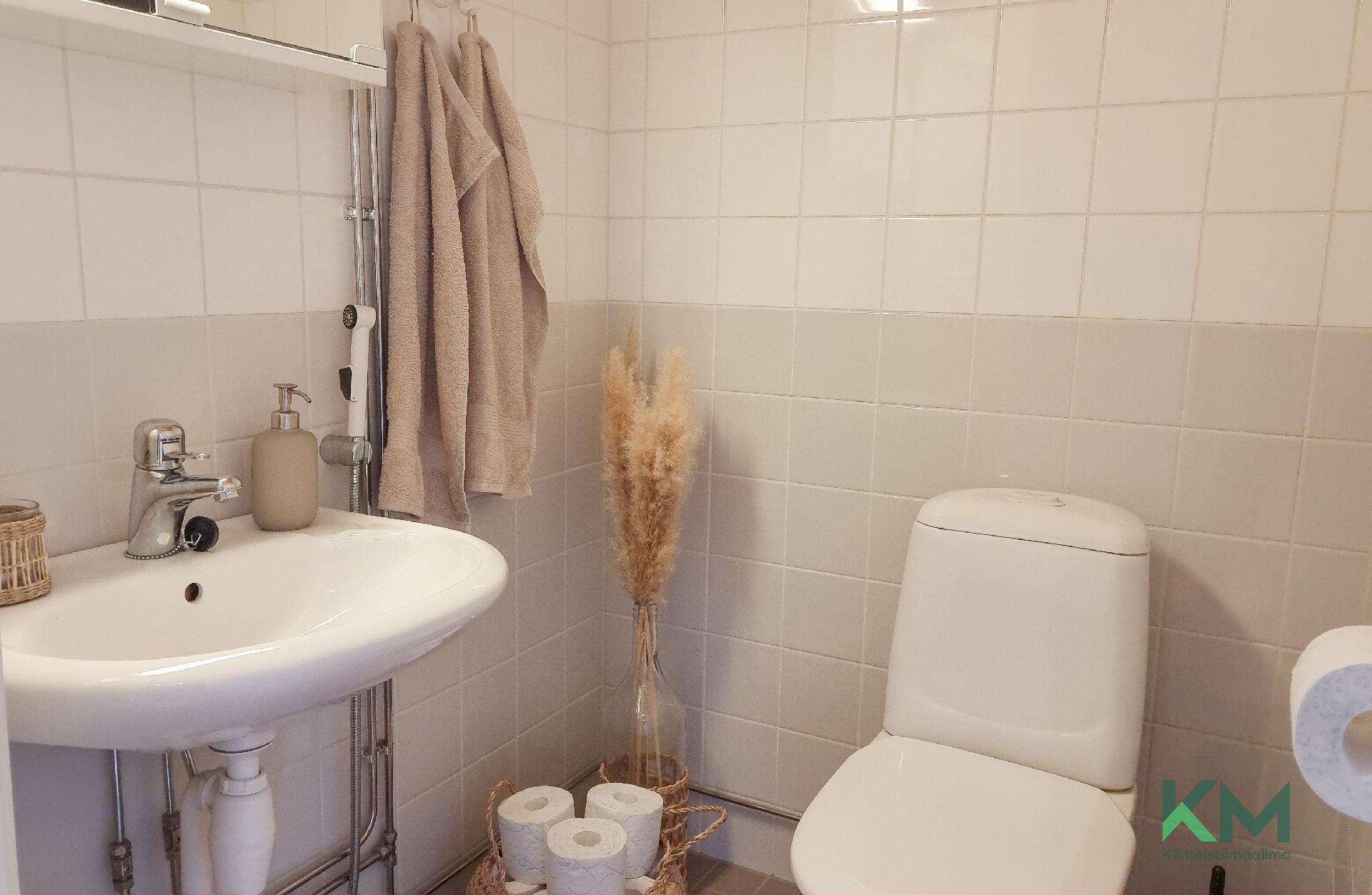 Vessassa on laatat lattiassa ja seinillä. Mikäli haluat lisää säilytystilaa, niin vessaan mahtuu hyvin vielä lisäsäilytystilaa pientä kylpyhuonekaapistoa lisäämällä.