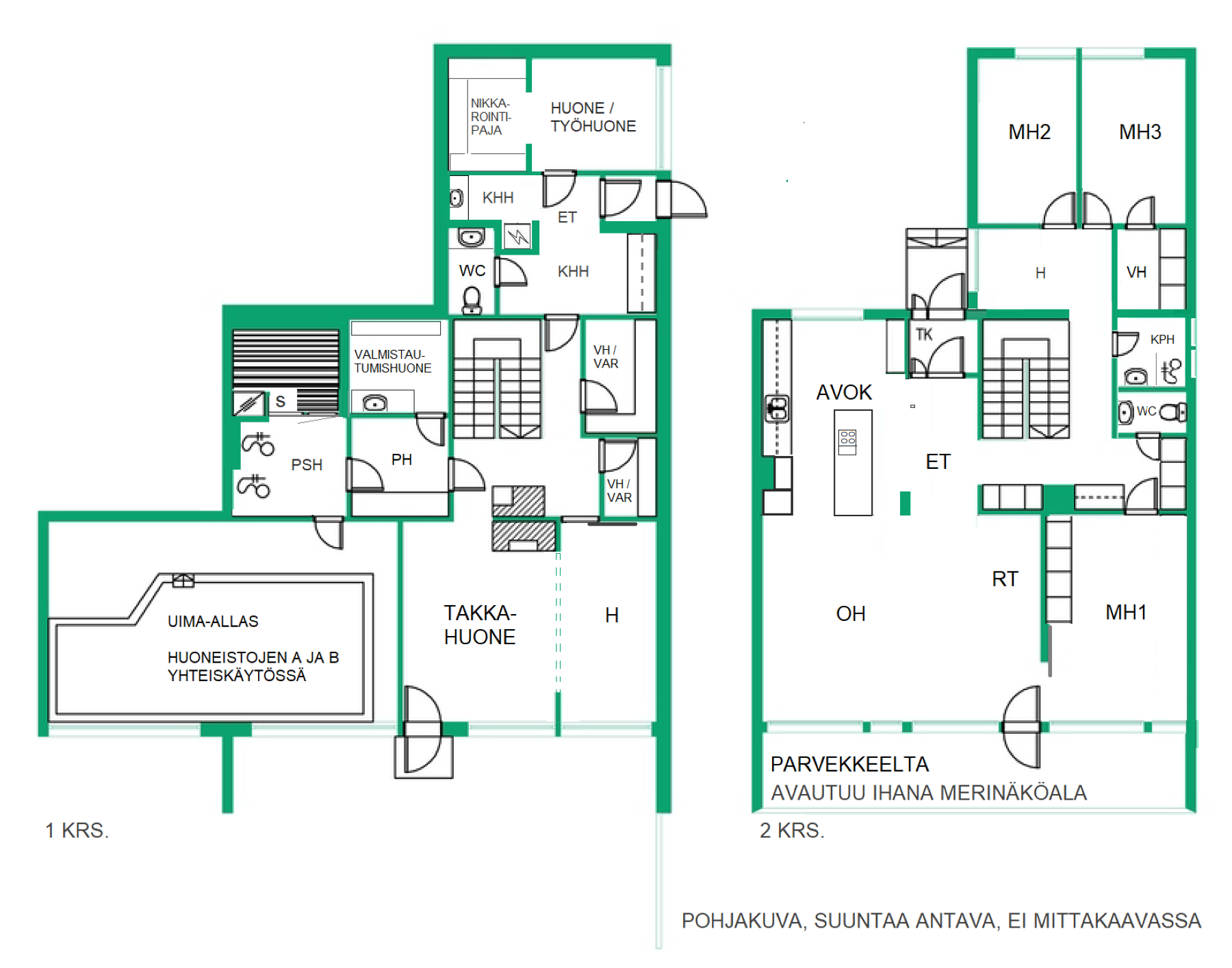 Pohjakuva, suuntaa antava, ei mittakaavassa. Siirrytään alakertaan (1krs.)