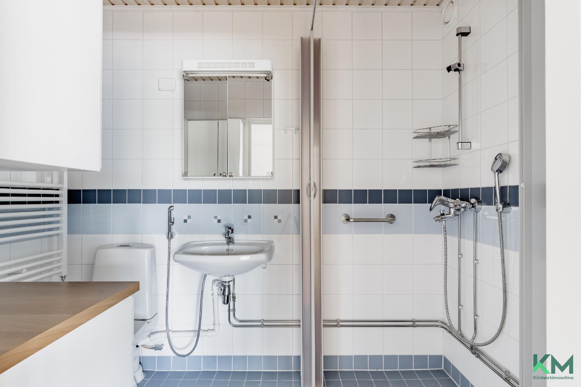 Kylpyhuoneessa kaapisto kodinhoitotarvikkeille