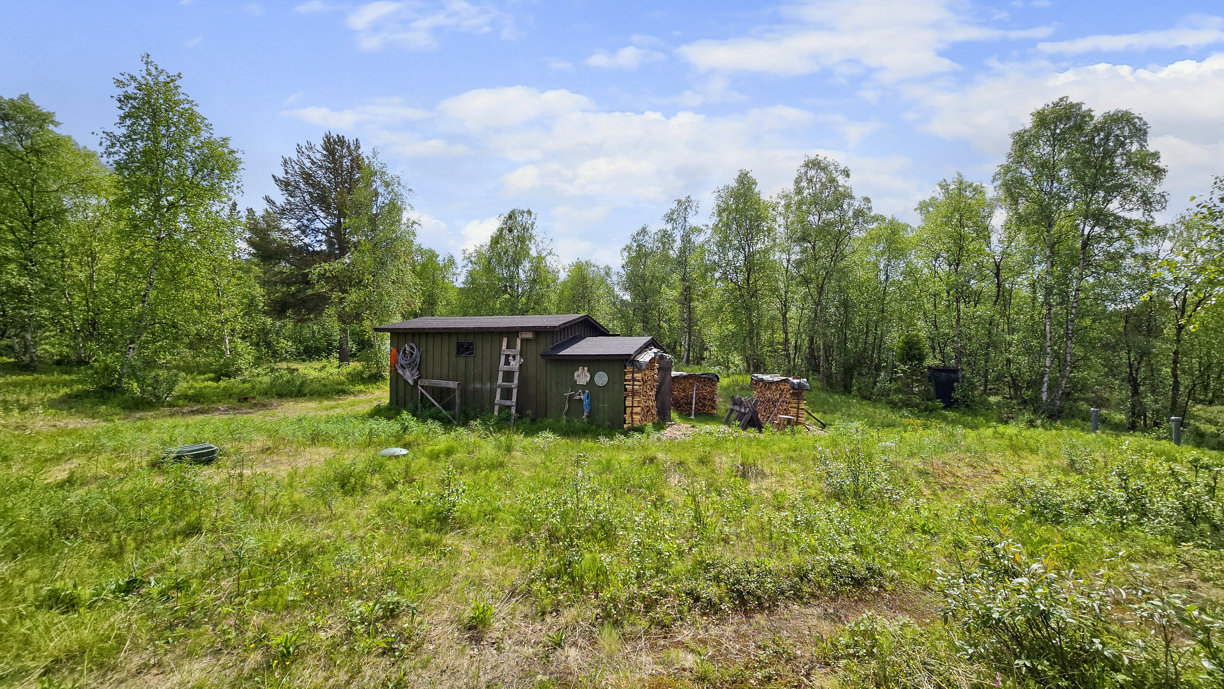 Pihapiirissä vanha ulkovarasto ja puuliiteri