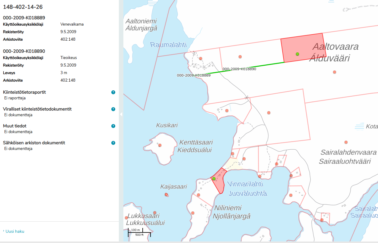 Mökille ei kirjattua tierasitetta tai kulkuokeutta mantereen kautta naapurikiinteistön läpi.