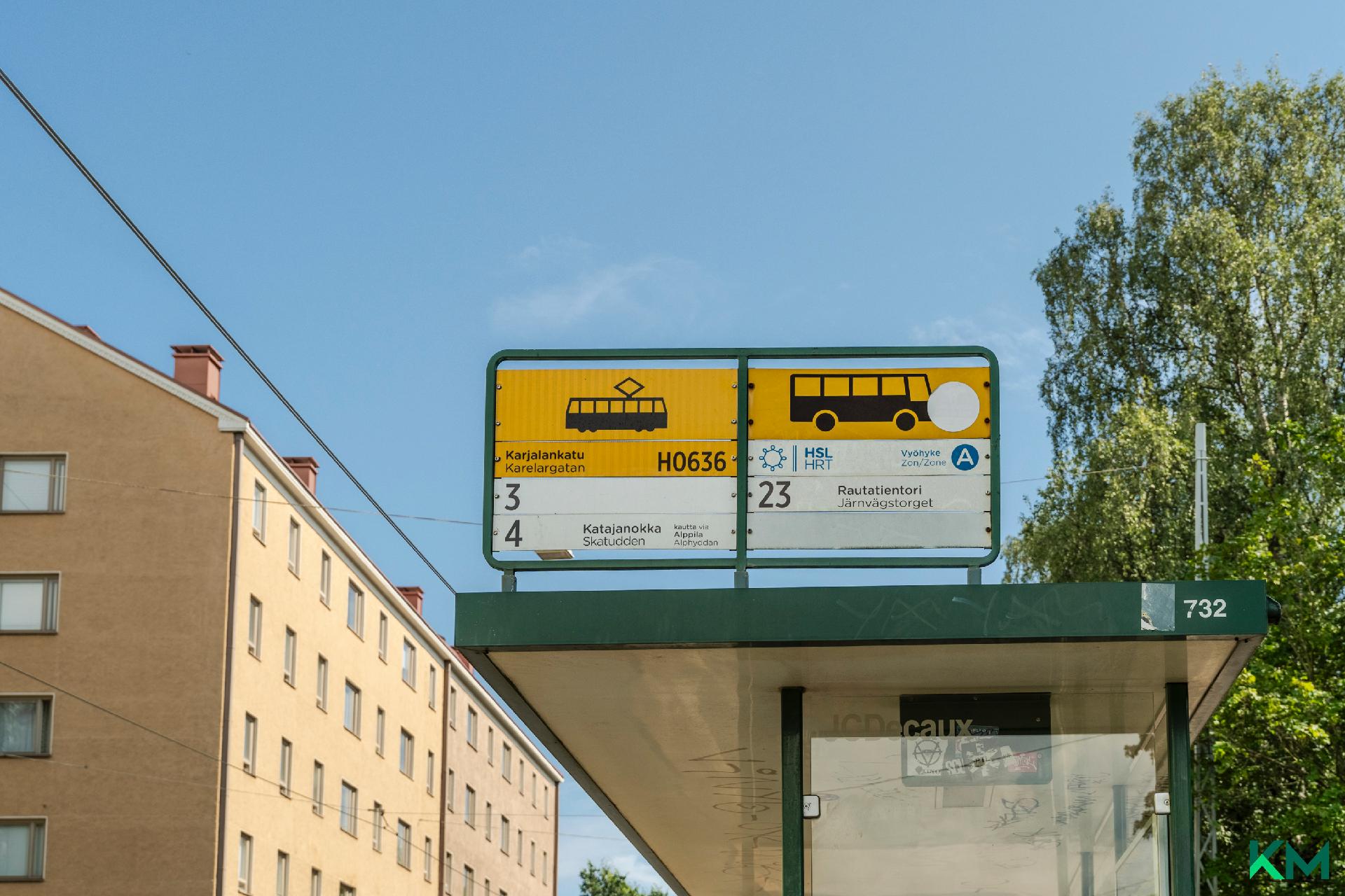 Hyvät ratikka ja bussiyhteydet vieressä 