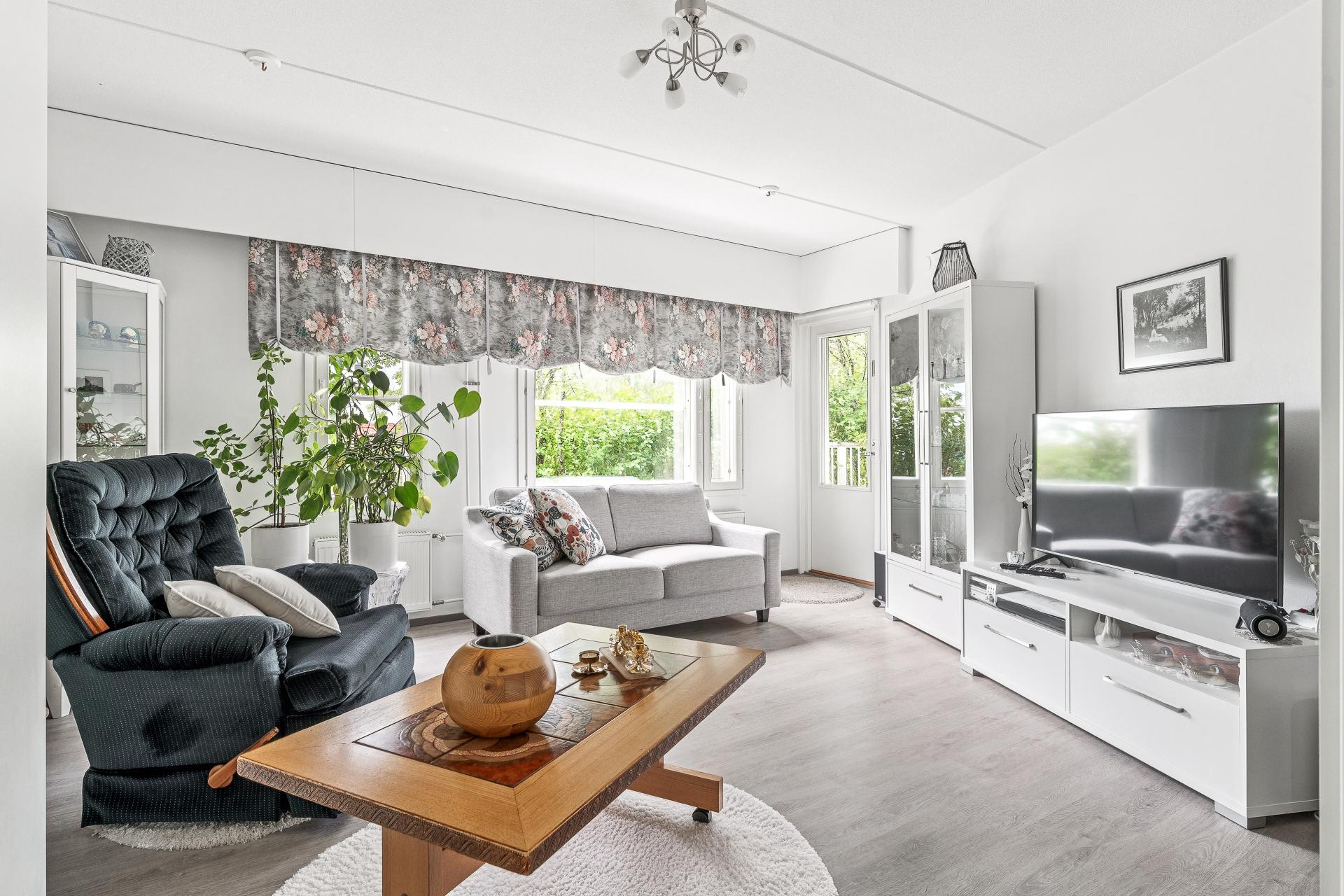 Olohuone ja käyntiovi terassille