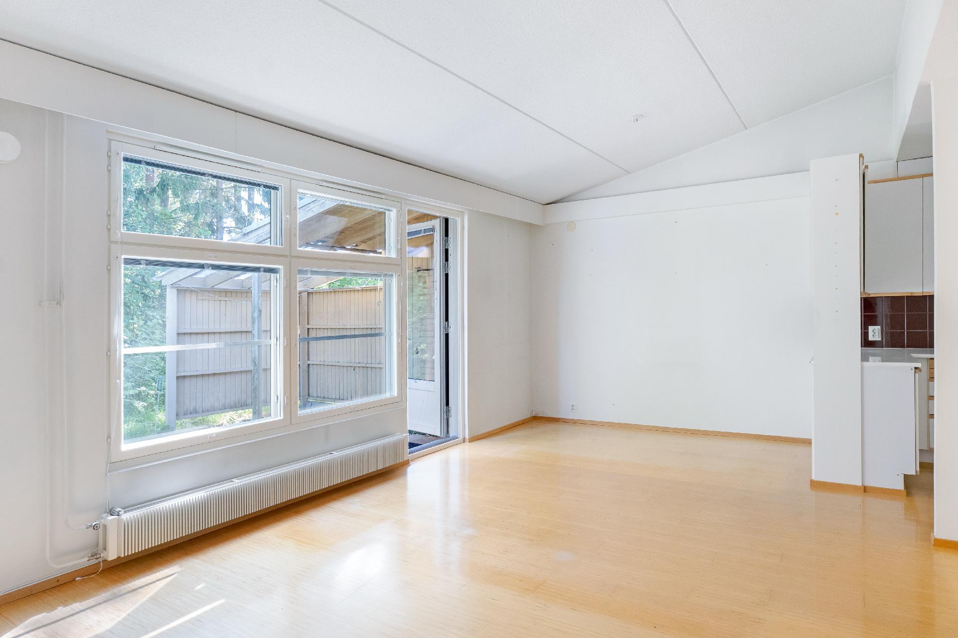 Näkymä olohuoneesta rauhalliselle takapihalle