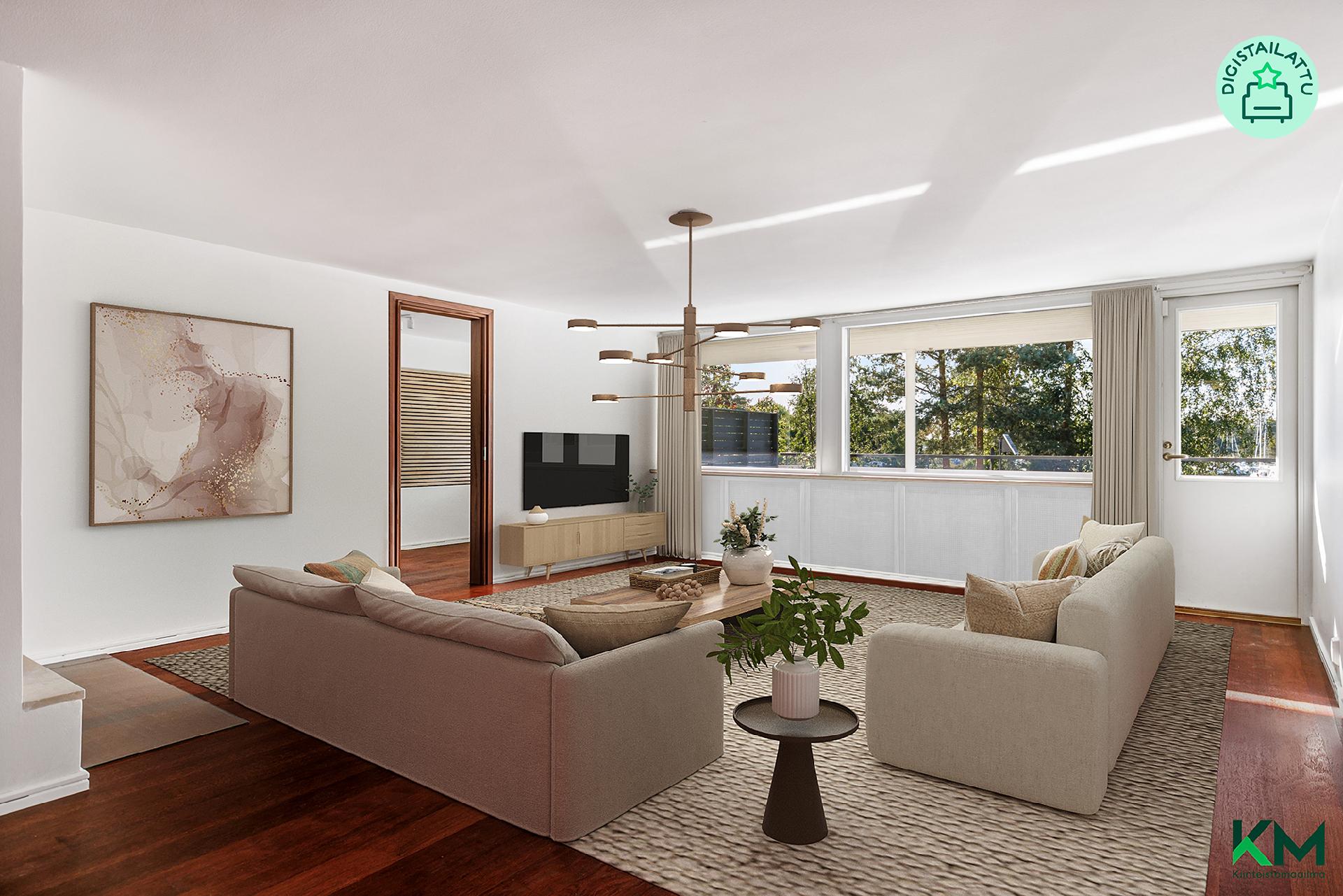 Valoisa isoikkunainen arkiolohuone 