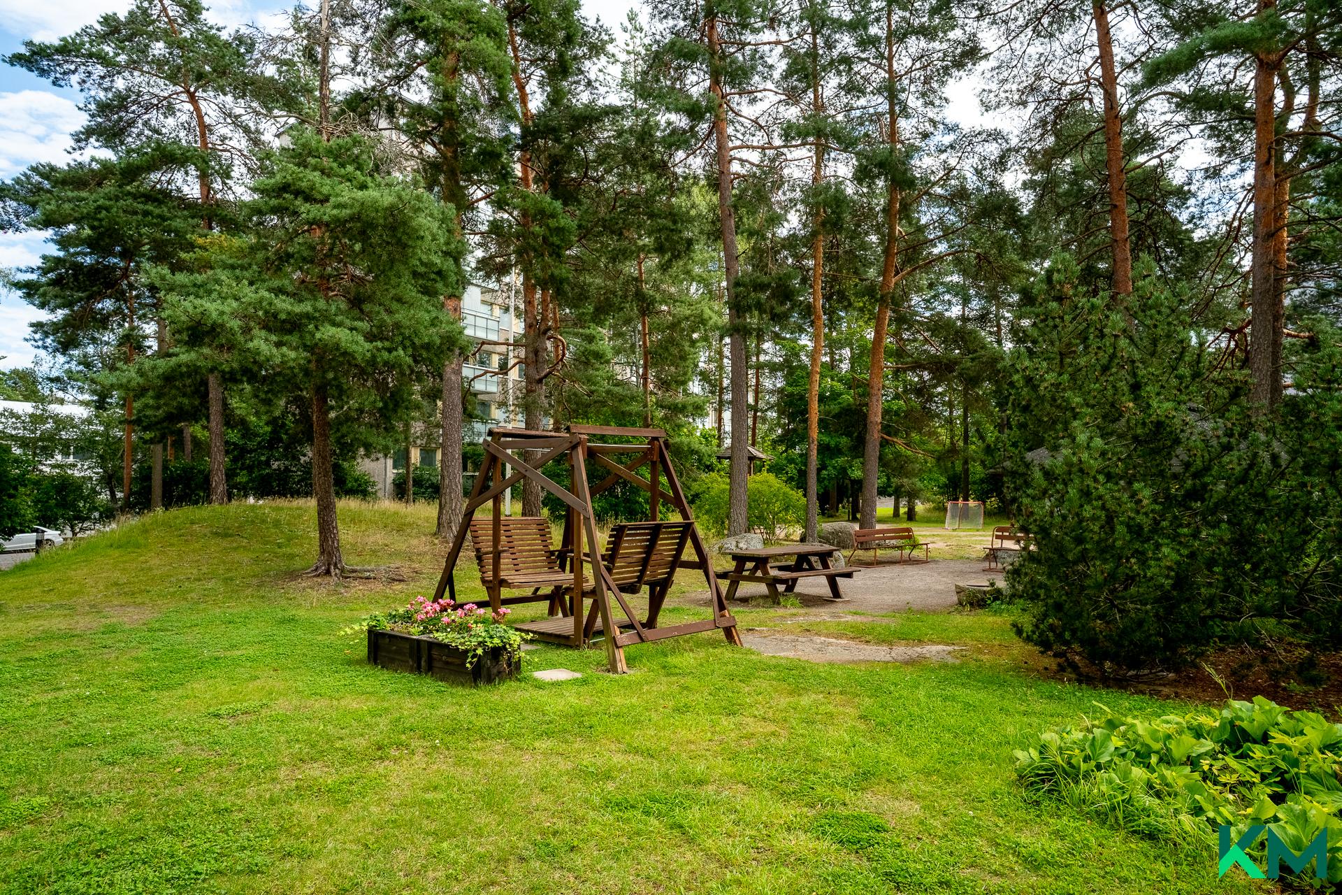 Taloyhtiön hoidettu viihtyisä piha.