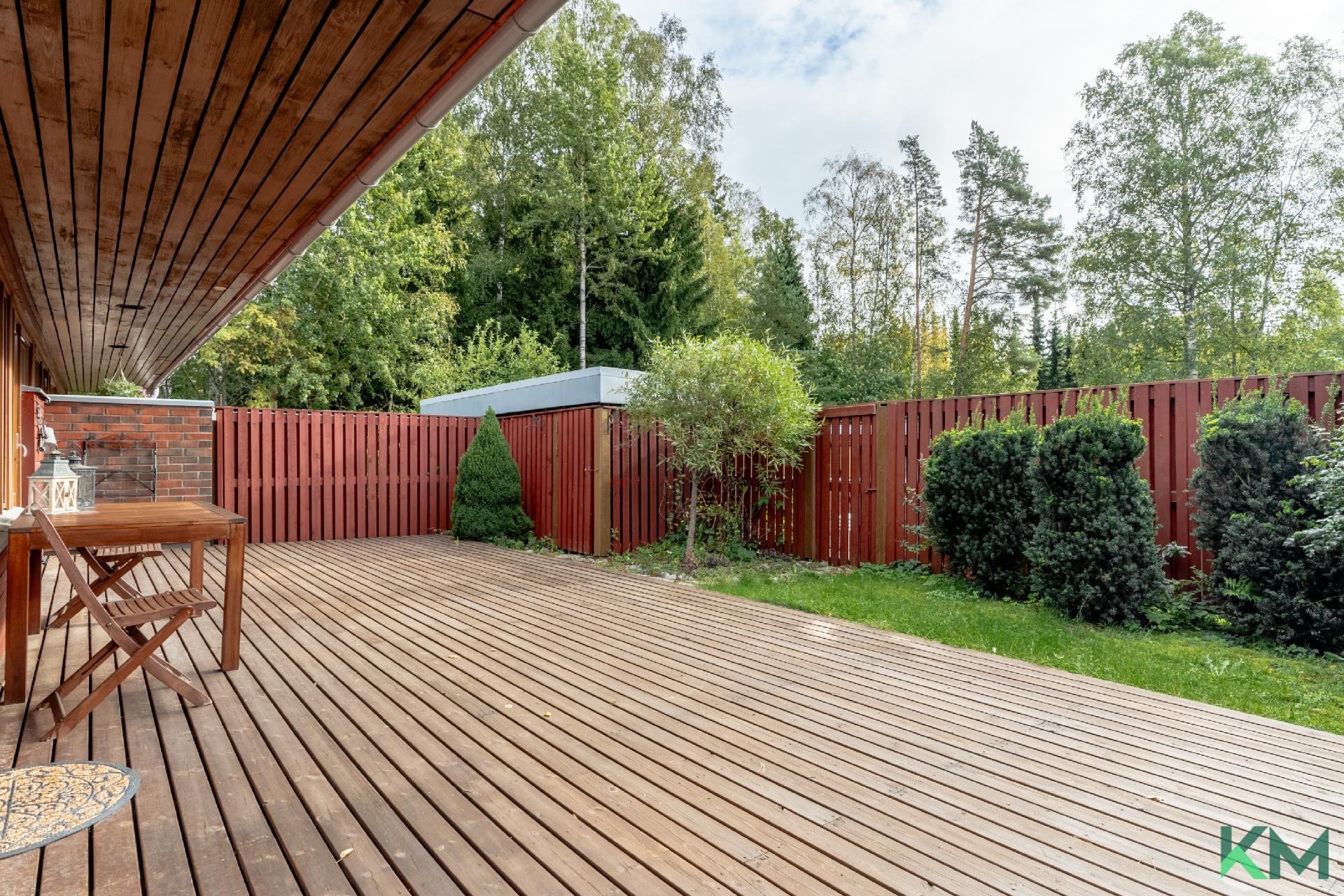 Aidattu ja suojaisa piha, jonka yhteydessä ulkovarasto