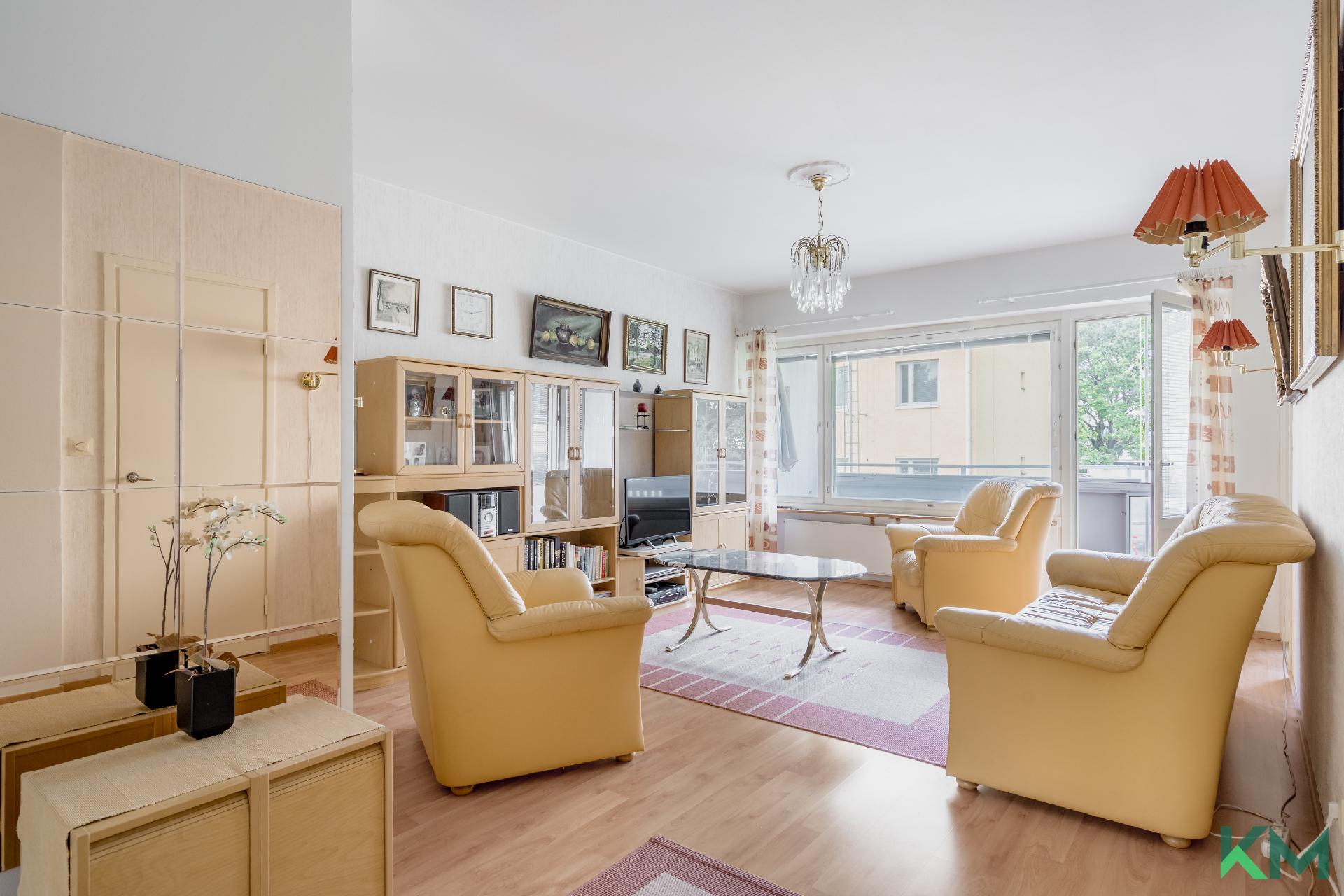 Valoisa ja tilava olohuone.