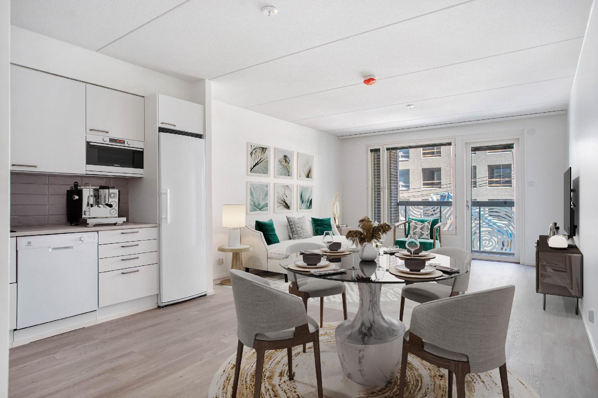 Esimerkkisisustus keittiöstä olohuoneeseen päin.