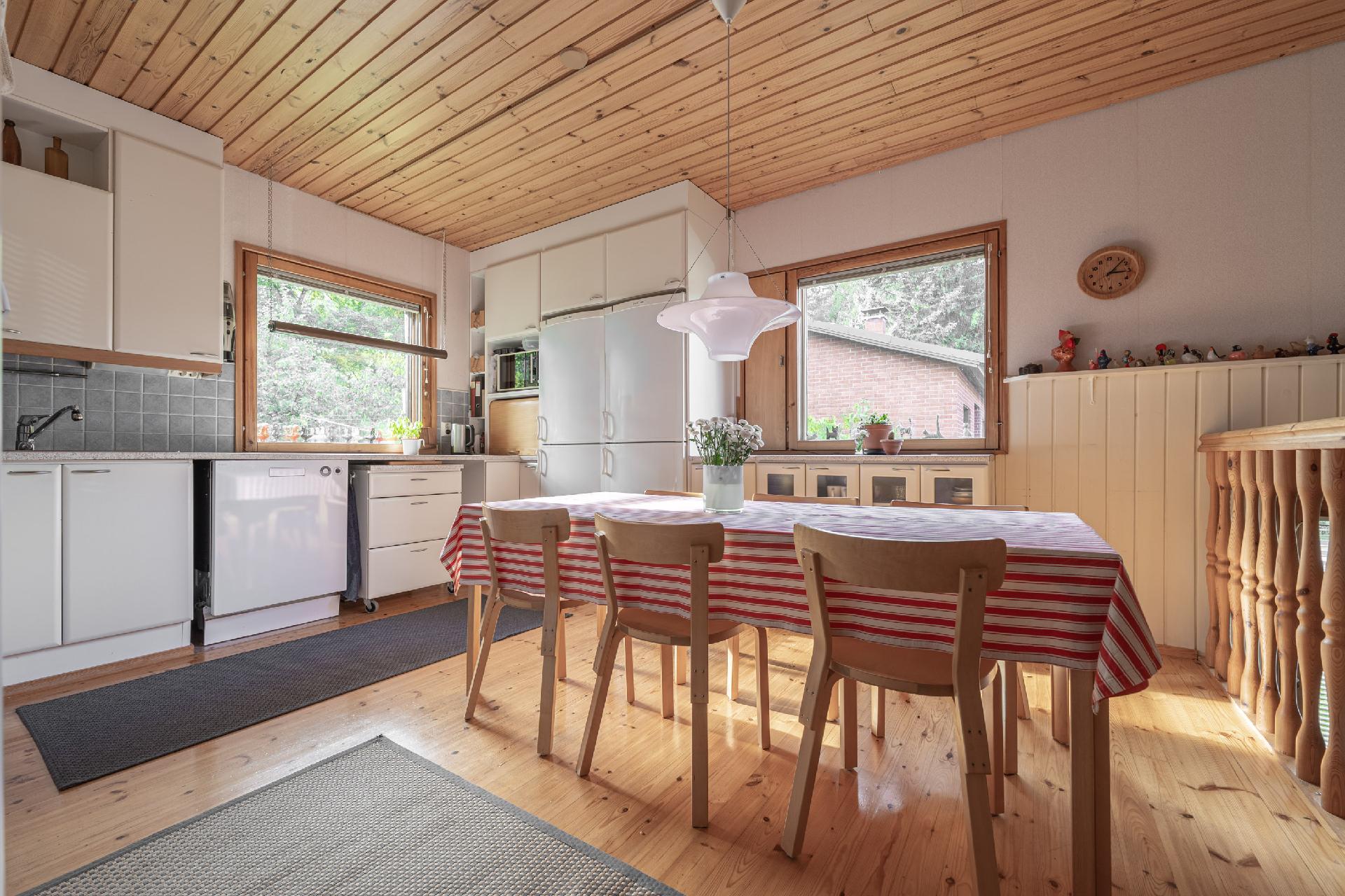 Keittiöön tulvii valoa kahdesta ilmansuunnasta