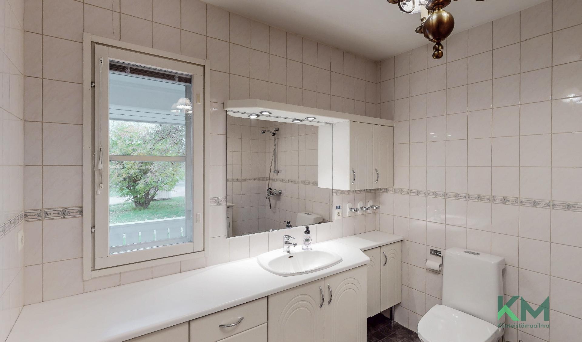 Erillisessä vessassa on paljon tilaa kaapistoissa, sekä hyvin laskutilaa.