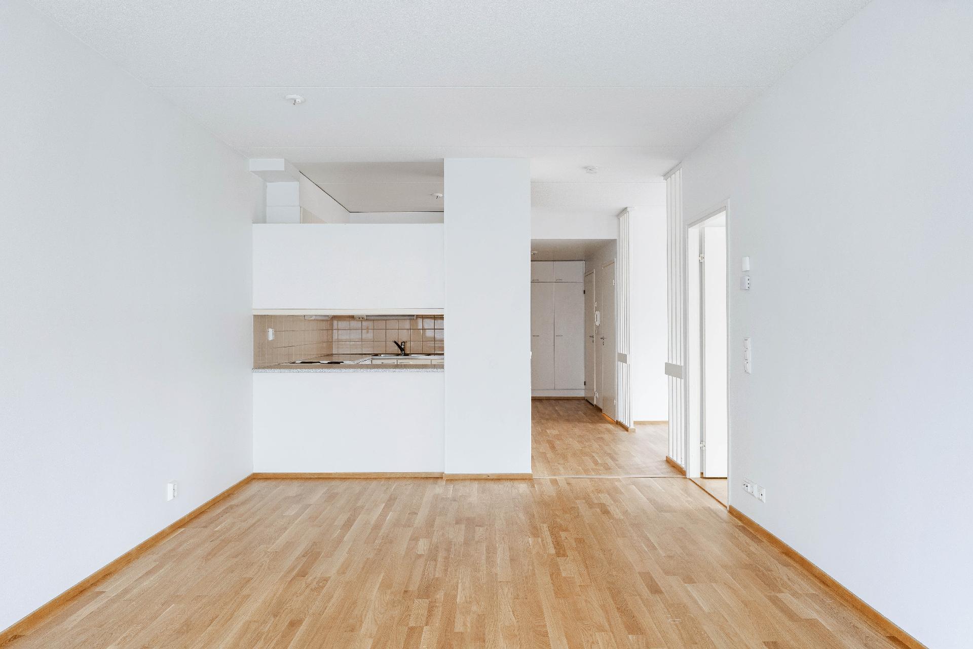 Näkymää keittiöön ja eteiseen päin, oikealla pienempi makuuhuone ja ruokailutila