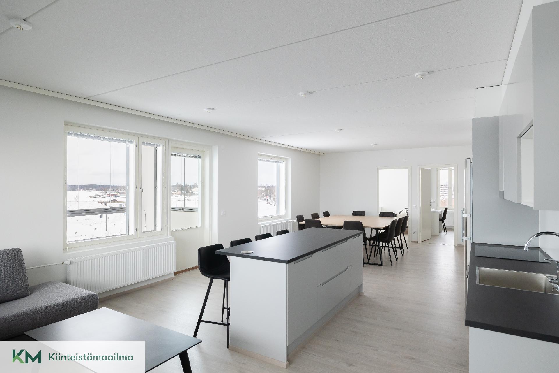 Keittiö ja olohuone on yhtenäistä tilaa.