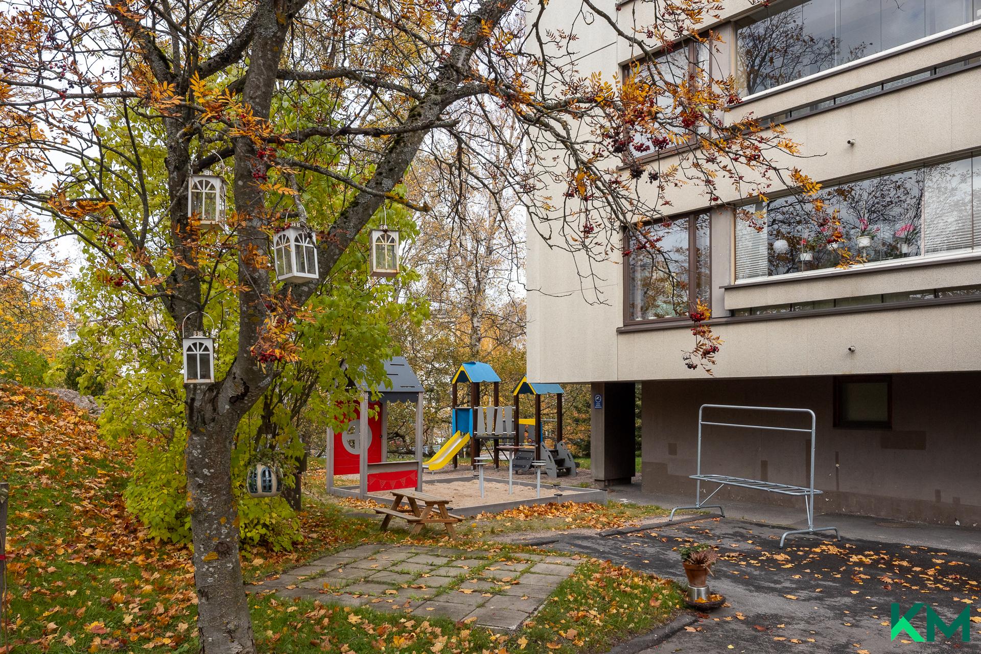 Taloyhtiön pihaa leikkipaikkoineen