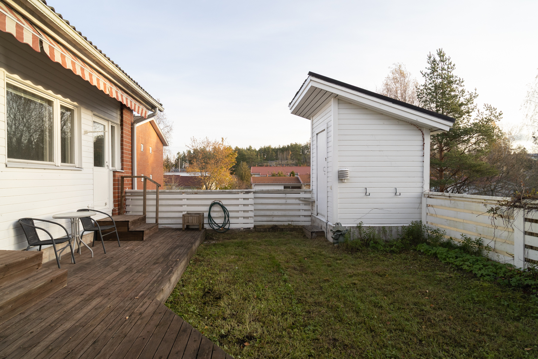 Asunnon aidattua pihaa pikku varastolla (vehreään aikaan)
