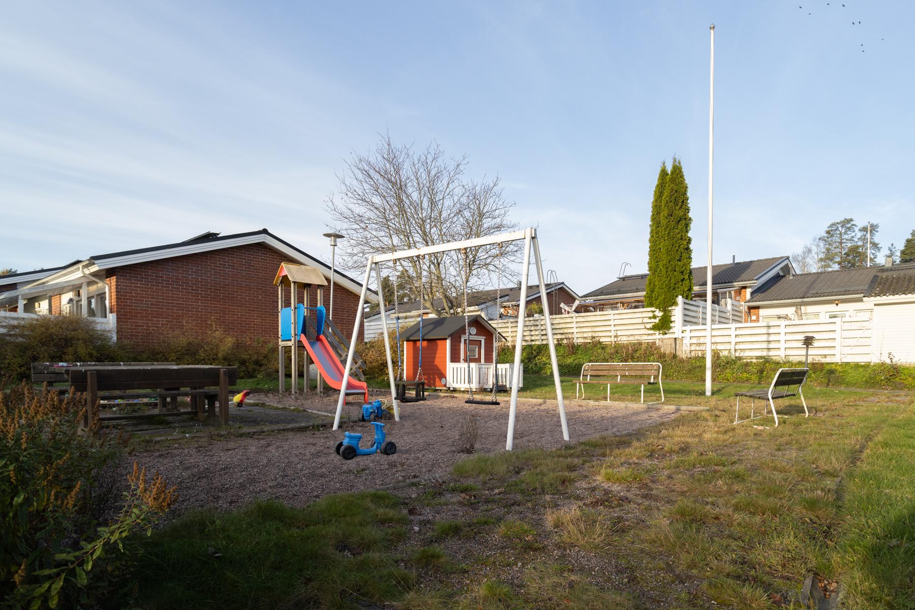 Taloyhtiön leikkipihaa (vehreään aikaan)