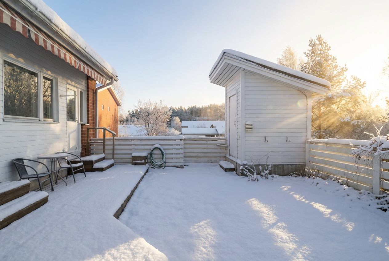 Asunnon aidattua pihaa pikku varastolla