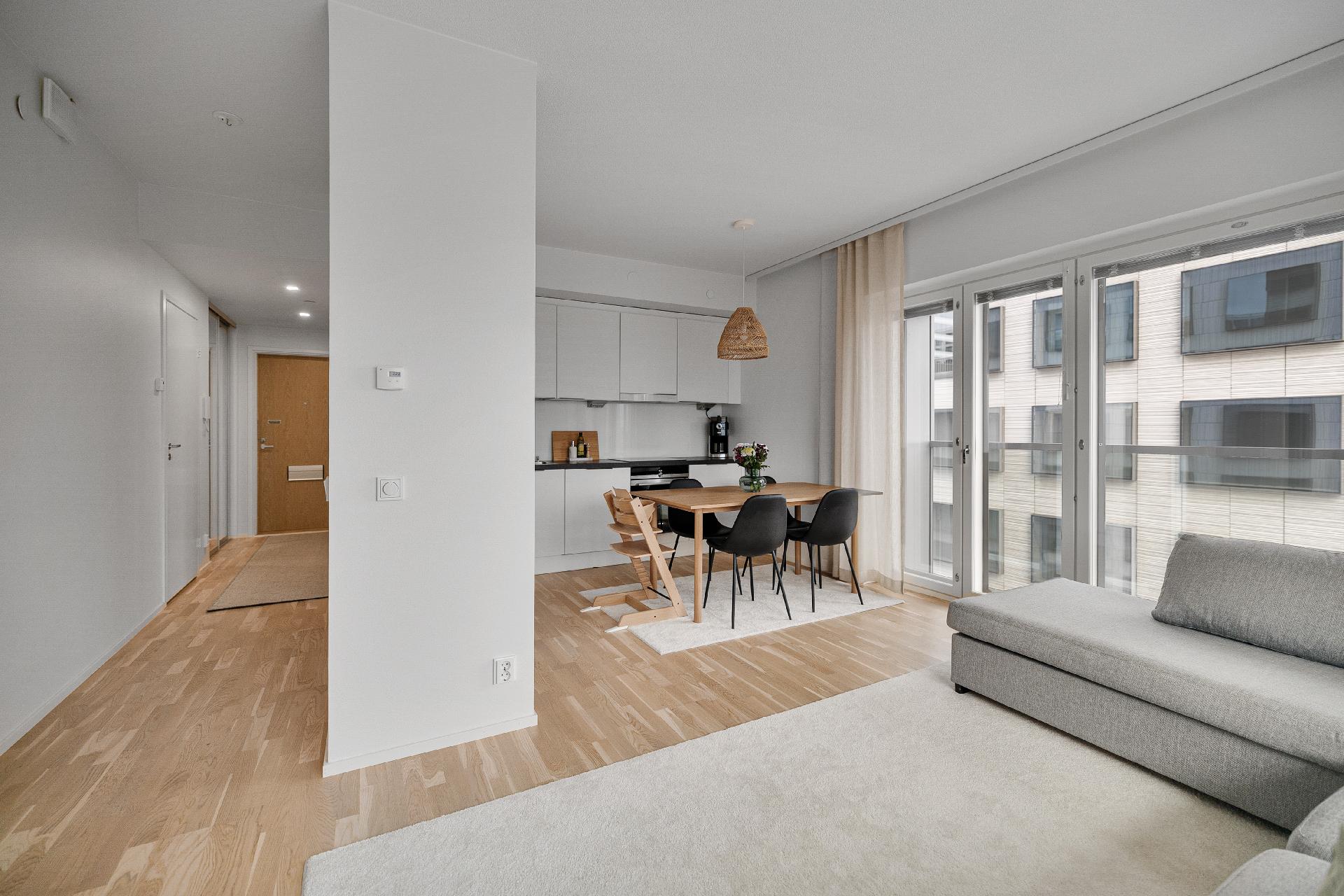 Olohuone ja keittiö yhtenäistä tilaa.