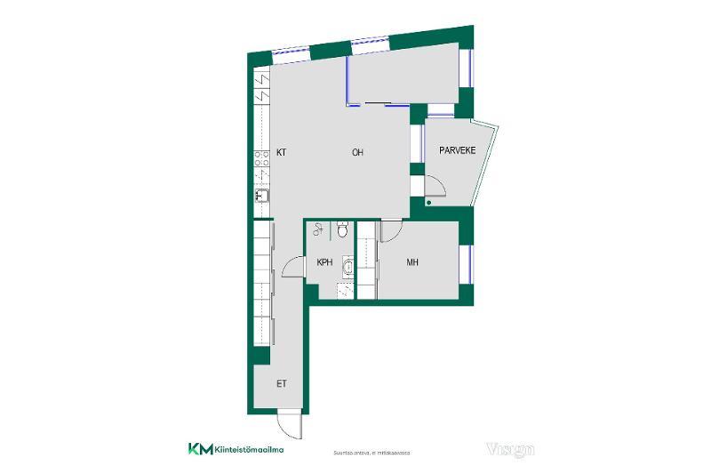 Vaihtoehtoinen pohjakuva, kolmas huone on helppo toteuttaa esim. lasiseinillä