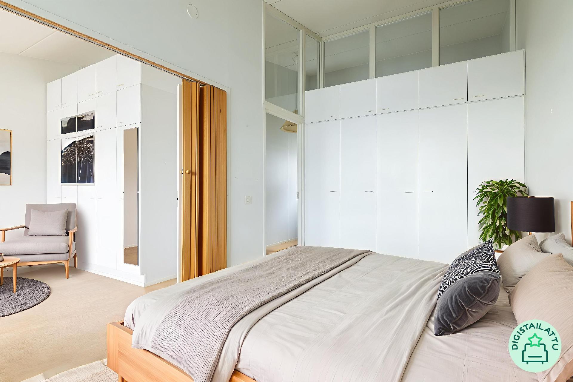 Yläkerran makuuhuonetta digistailattuna