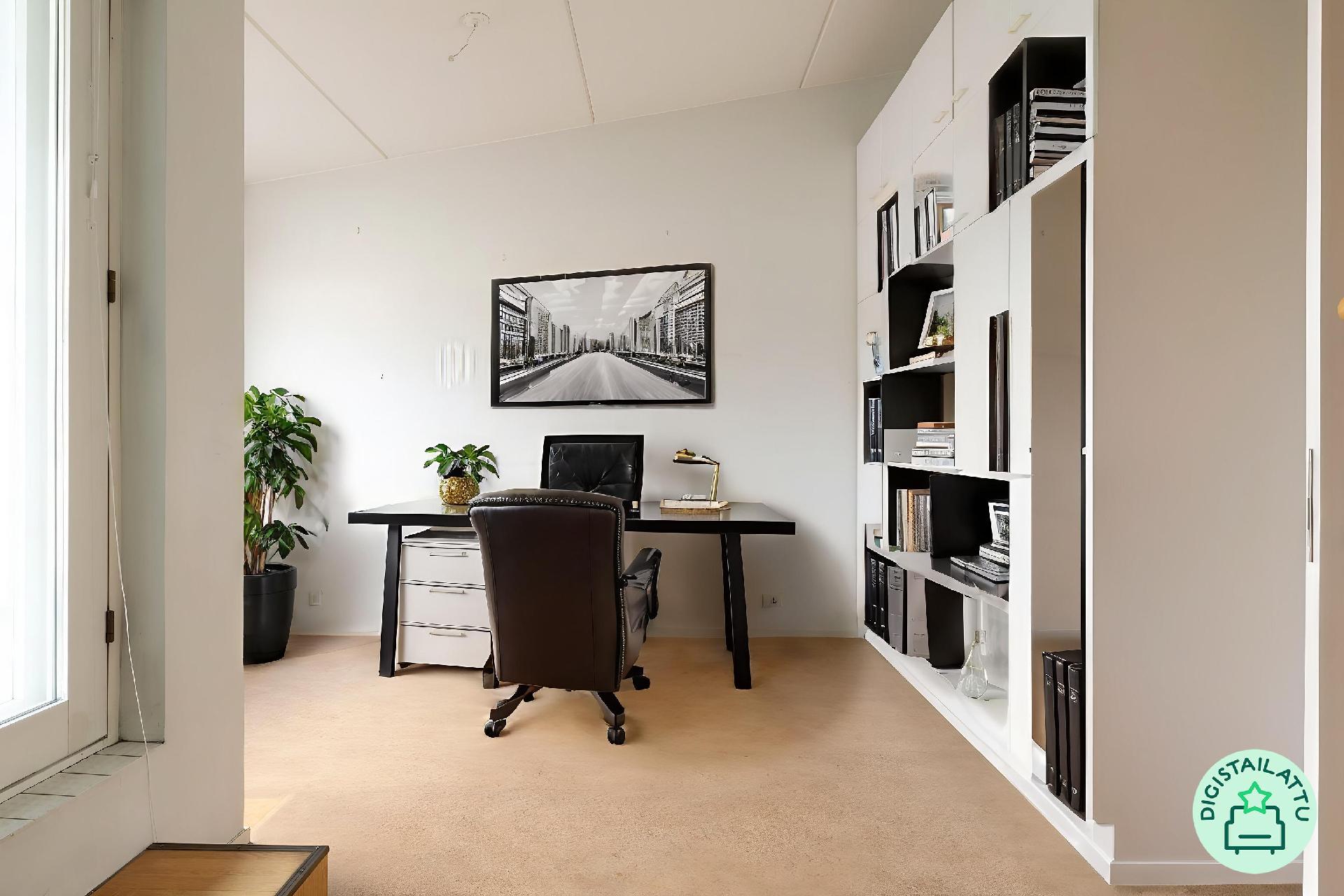 Yläkerran toinen makuuhuone työhuoneeksi digistailattuna