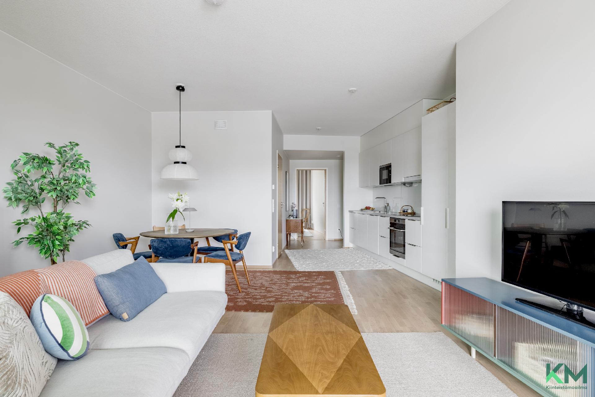 olohuone, ruokailutila ja keittiö