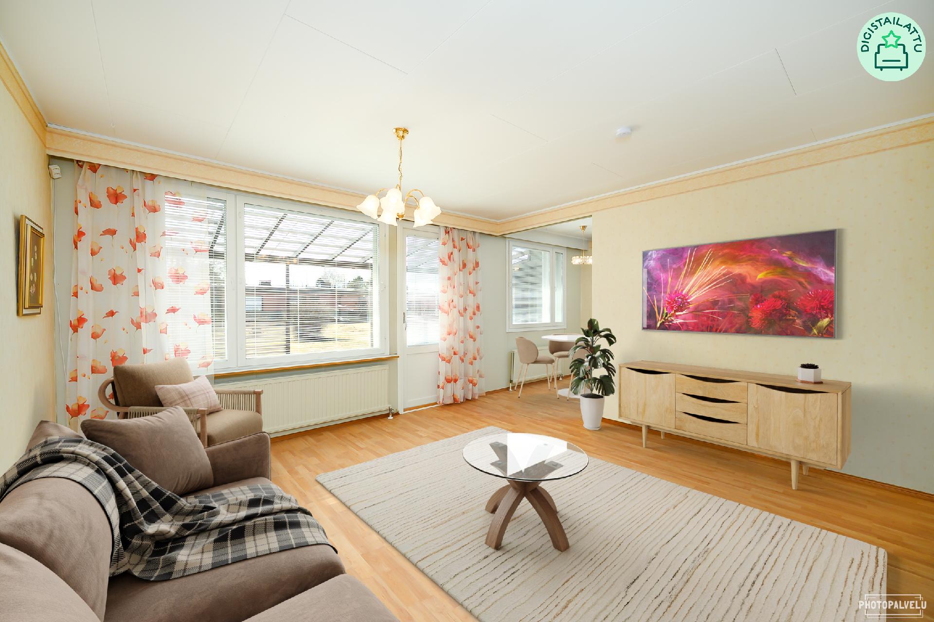 Olohuone, käynti terassille ja keittiö