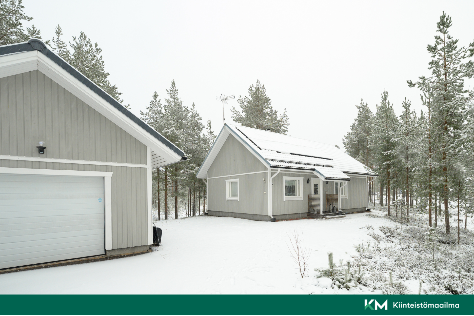 Koti, autotalli ja piha-alue edestäpäin