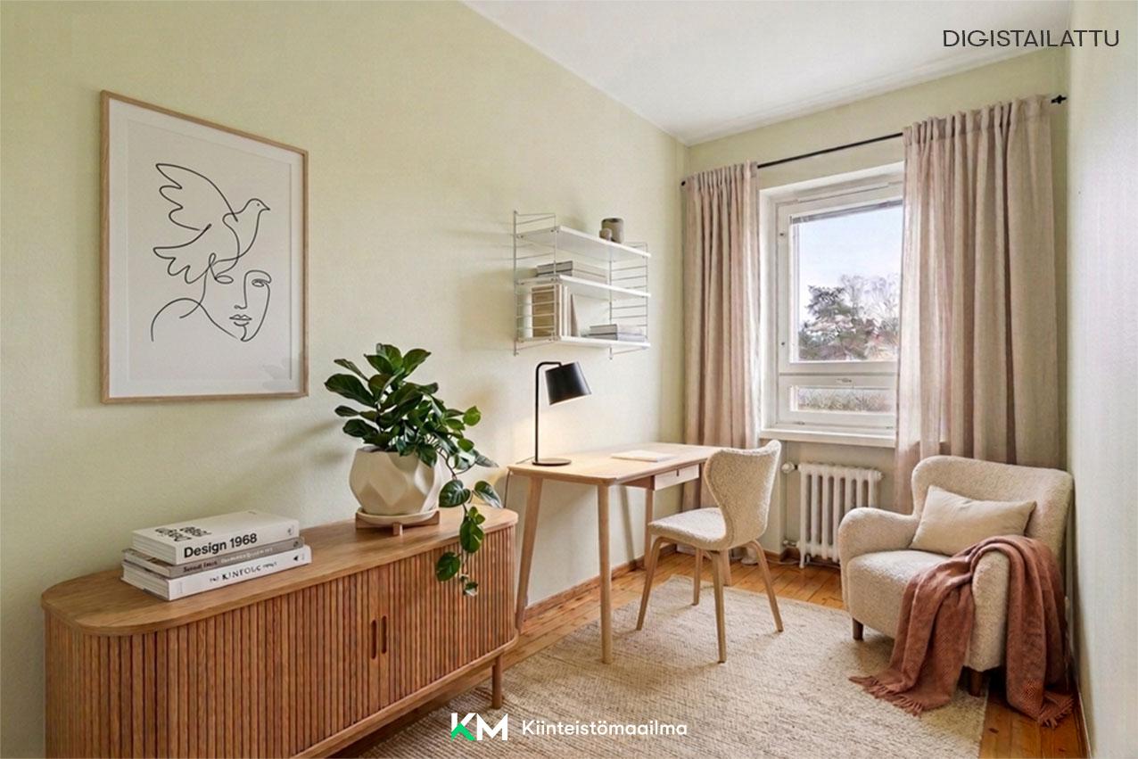 Pienempi makuuhuone stailattuna työhuoneeksi