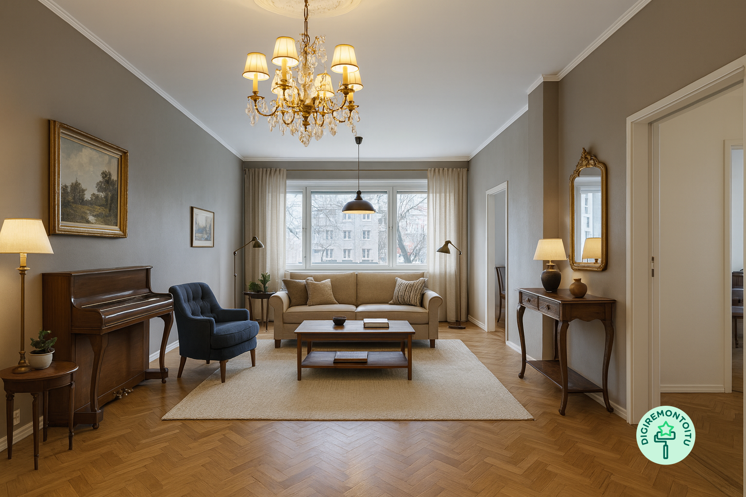 Digitaalisesti remontoitu kuva olohuoneesta