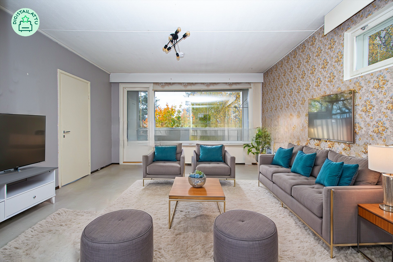 Digistailattu kuva olohuoneesta.