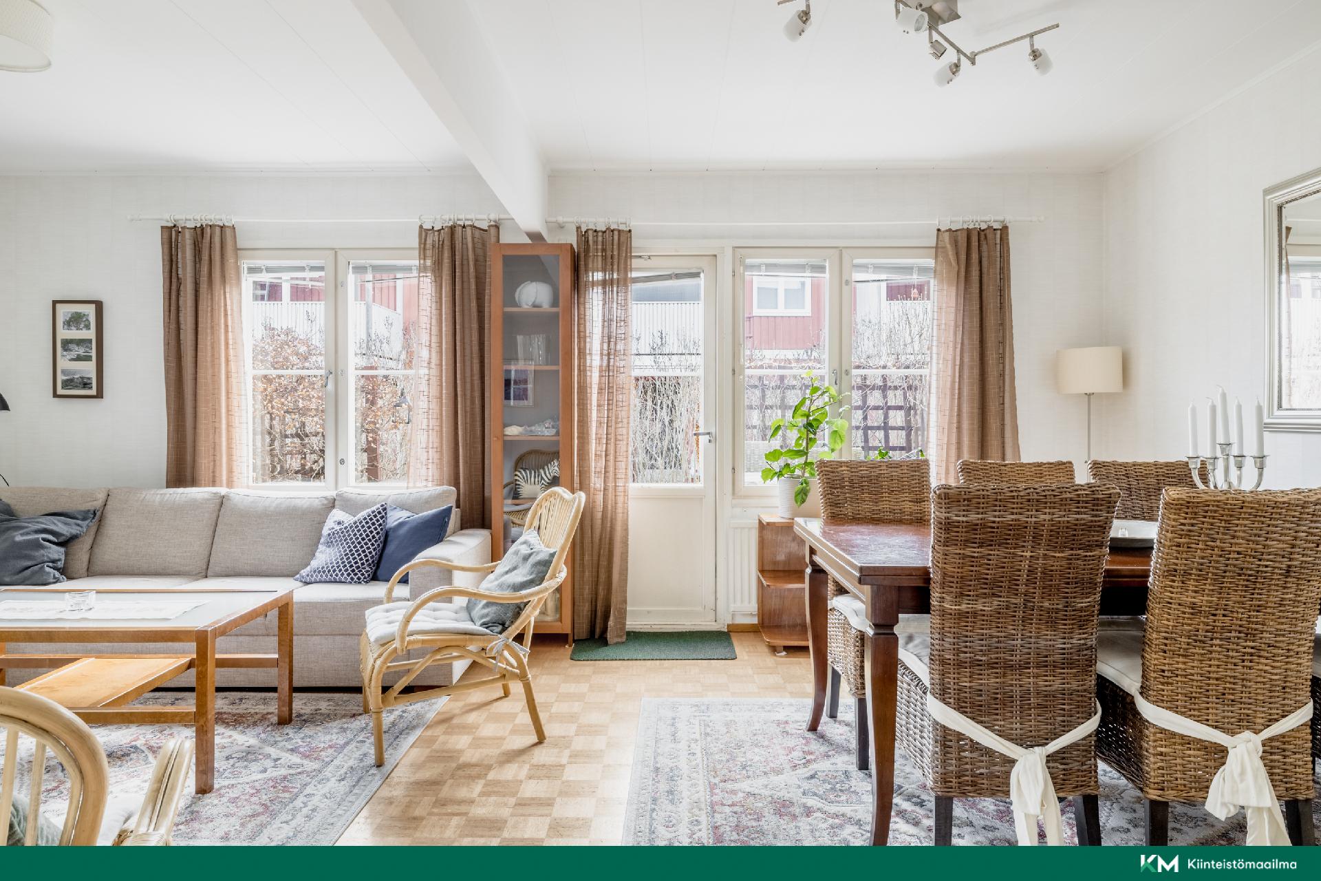 Avoin yhtenäinen olohuone ja ruokailutila